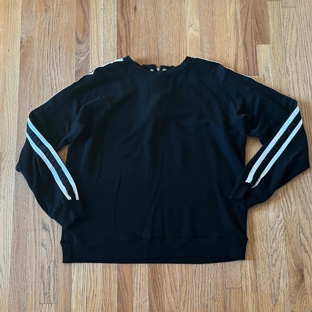Monrow Black Lace-up Back Sweater with White Stripes down Arms - Picture 3 of 7